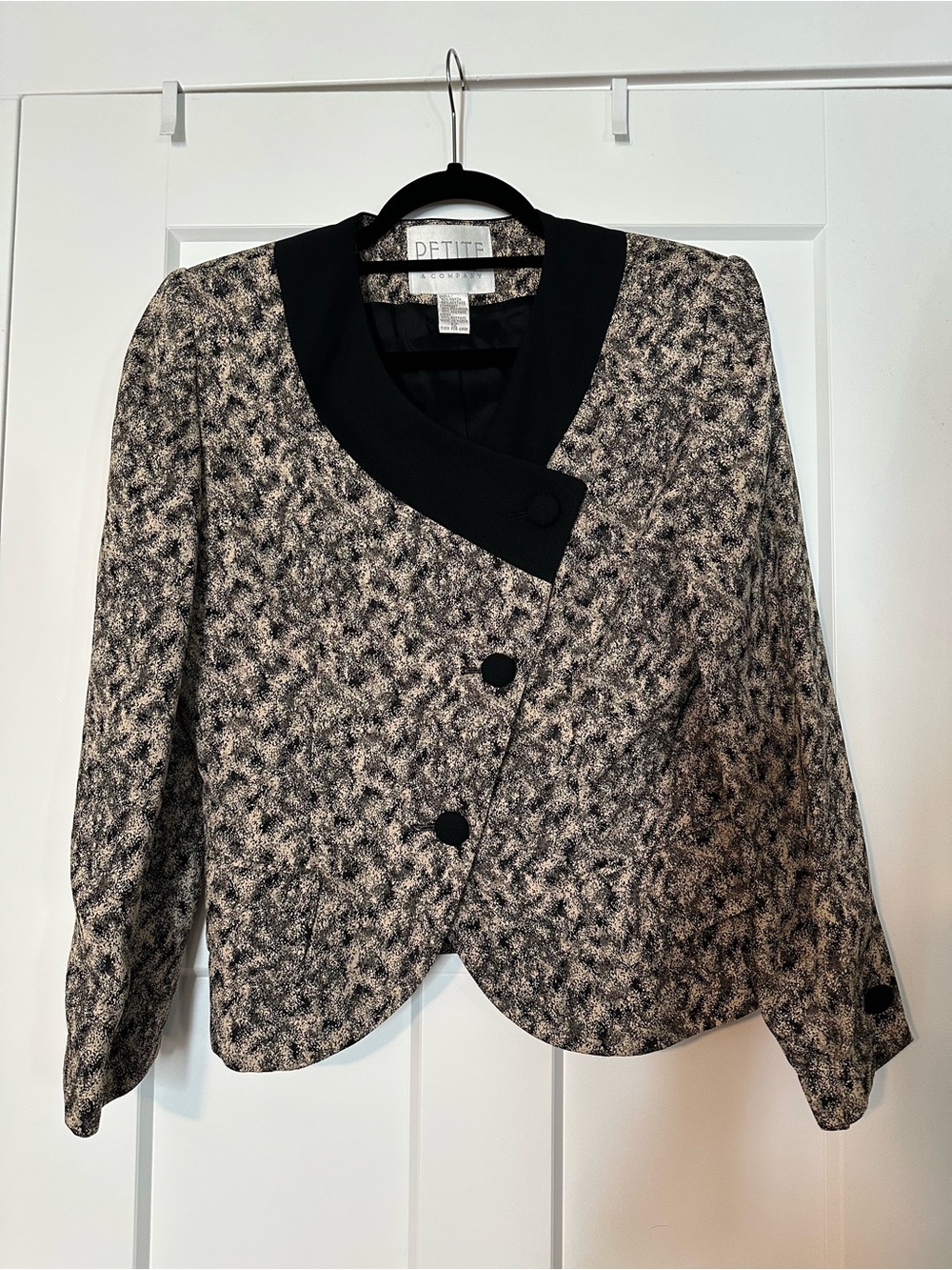 Petite Sophisticate Black and Cream Asymmetric Textured Blazer
